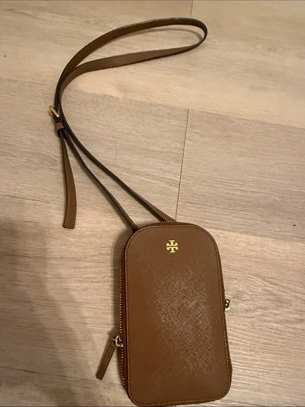 Tory Burch Tan Leather Crossbody Phone Pouch with Gold Logo